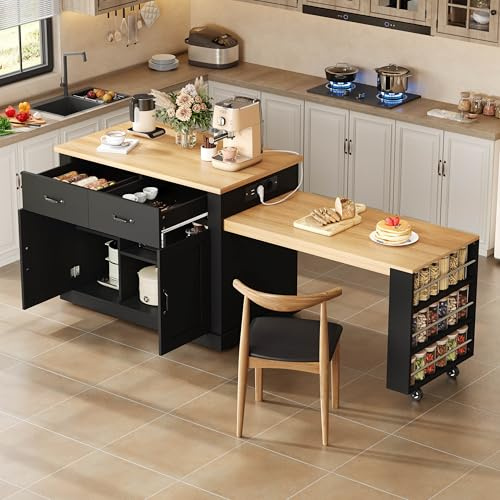 NuvlaGu Isla de cocina enrollable con mesa de comedor extensible, carrito de cocina con mesa de bar, 7 ruedas, enchufes y USB, mucho espacio de almacenamiento, MDF, negro/roble, 132 (235) x 60 x 93 cm