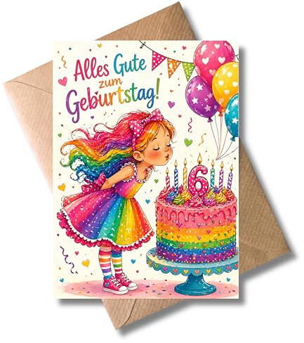 WBdesignz süße Geburtstag Karte zum 6. Geburtstag - Alles Gute zum Geburtstag - bunte Regenbogen Glückwunschkarte mit Umschlag - Luftballons, Torte - für Mädchen, Tochter, Schwester (DIN A6)