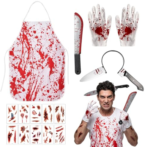 YFHUVB 5 Pcs Horror Butcher Costume Men Set With Sharp Knife Headband, Blood Machete, Blood Apron, Blood Gloves, 10 Stickers, Halloween Party Costume Scary Set