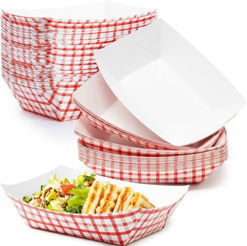 Grease-Proof Sturdy Food Trays 2 lb Capacity 100 Pack by Eucatus. Serve Hot or Cold Snacks in These Classic Carnival Style Checkered Paper Baskets. Perfect for Concession Stand or Circus Party Fare!