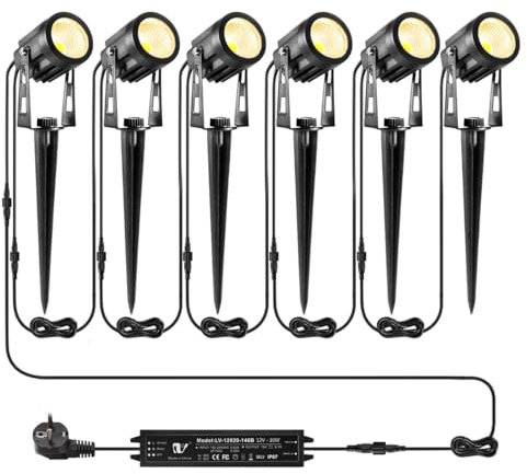 B-right 6 * 3W Lampada da Giardino Esterno, Lampada da Giardino con Terra, Luce da Giardino Faretto da con Spina e Cavo, 1800 lm, Faretti da Giardino Luci proiettore LED Spot Esterno Bianco Caldo