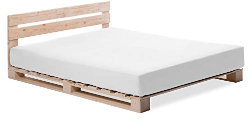 PALETTI Palettenbett inklusive Kopfteil Massivholzbett Holzbett Bett aus Paletten mit 11 Leisten, Palettenmöbel Made in Germany, 140 x 200 cm, Fichte Natur