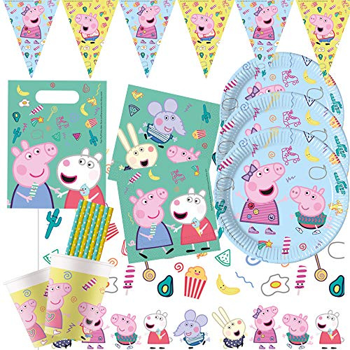 procos/spielum 54-teiliges Party-Set Peppa Wutz - Pig - Teller Becher Servietten Tischdecke Partytüten Wimpelkette Trinkhalme für 8 Kinder
