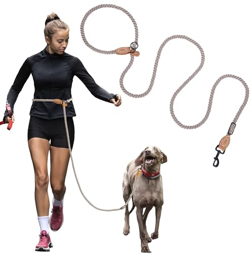 Mile High Life Hands Free Dog Leash, Crossbody Waist Leash with Genuine Leather Connection, Multifunctional Adjustable Slip Lead for Dog Walking Running (Camel, 8FT)