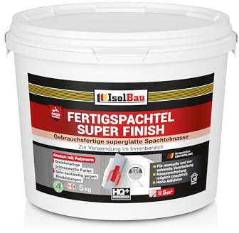 Isolbau Super Finish Spachtel 5 kg, Glättspachtel Fugenspachtel, Gebrauchsfertige Polymer-Gips Fertigspachtel Spachtelmasse für innen, Weiß Q1-Q5