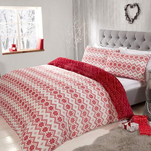 Sleepdown Fairisle Printed Flannel Fleece Abstract Stripes Reversible Duvet Cover Quilt Bedding Set with Pillowcase Super Soft Warm & Cosy-Single (135cm x 200cm), Polyester, Red White