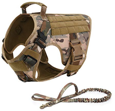 RubRab Taktische Hundegeschirrweste mit Griff, Militär-Arbeitstraining, MOLLE-Weste mit Metallschnallen und Schlaufeneinsätzen, Bungee-Hundeleine (L, Camouflage-Geschirr mit Leine)