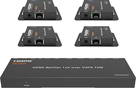 KEQINX 1x4 HDMI Extender Splitter 4K Over Cat6 70m/230ft POC with 4X Receivers IR Control EDID HDMI Over Ethernet Splitter