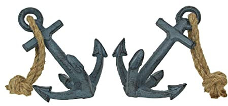 Set of 2 Blue Cast Iron Boat Anchor Bookends: Nautical Home Decor Sculptures Standing 4.75 Inches High, Perfect for Adding Maritime Charm to Your Bookshelves