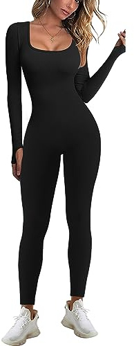 JN JANPRINT Jumpsuit Damen Sport Bodysuit Gerippte Lang Eng Yoga Bodycon Overall Stretch Langarm Strampler Sportanzug Playsuit Trainingsanzug One-Piece
