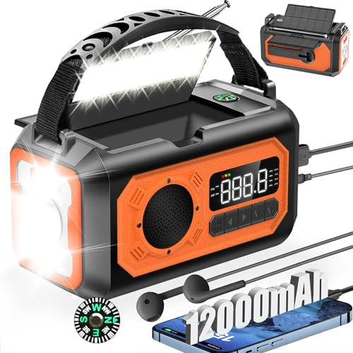 12000mAh AM/FM Radio Solaire avec Manivelle, 2 Panneaux Solaires, Câble USB,3 Méthodes de Chargement,Alarme SOS,Lampe de Poche,Chargeur de Téléphone, Boussole,Prise pour Casque D'écoute