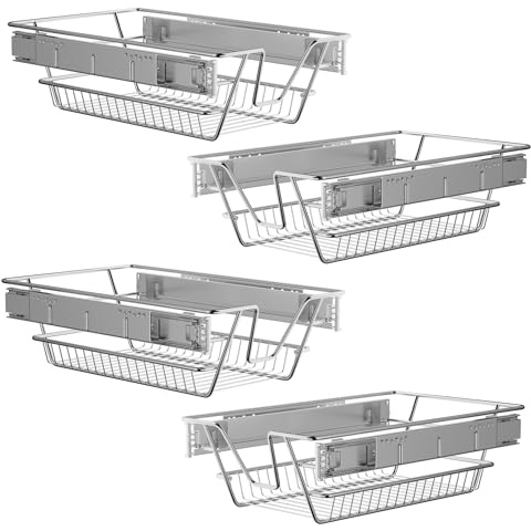 HENGMEI 4 Stück Küchenschrank Teleskopschublade 30cm Schrankauszug Ausziehbare Ablage Küchenschubladen Organizer Küchen Regal Korbauszug Schlafzimmerschublade Vollauszug 20kg Belastbar, Silber