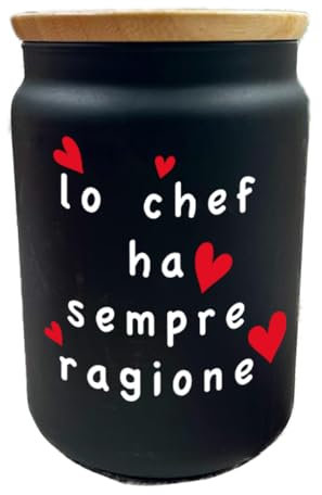 Generico Lo Chef ha sempre ragione Contenitore con coperchio In Vetro alto 16cm. Personalizzato Con Coperchio Legno da 1.1l Idea Regalo Conservazione Alimenti Secchi Cucina Casa Decorazioni
