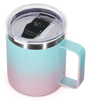 Volhoply 14oz Insulated Stainless Steel Coffee Mug with Leakproof Lid,Double Wall Vacuum Travel Coffee Cup with Handle,Reusable Metal Tumbler,Camping Mugs Keep Hot,Christmas Gifts(Green Pink,1)