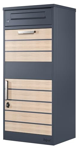 Cassetta per lettere Zelsius con scomparto per pacchi Terra | Acciaio verniciato a polvere con elementi in legno | RAL7016 Antracite | serratura antiritorno integrata