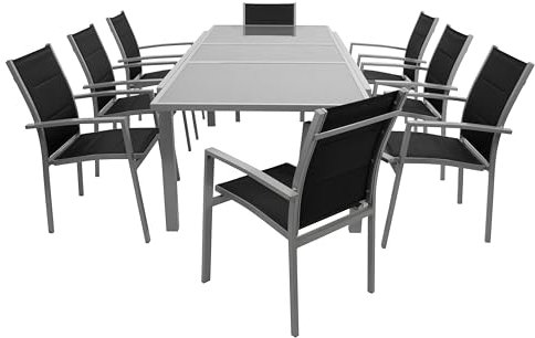 DEGAMO Gartengarnitur PISA 9-teilig, 8X Stapelsessel aus Aluminium Silbergrau und gepolstertem Textilgewebe in schwarz sowie 1x Ausziehtisch Aluminium + Glas 180/240x100cm, Silbergrau