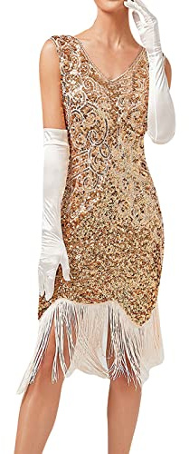 KBOPLEMQ Robe Gatsby pour Femmes - Robe Charleston de Soirée - Robe de Bal Style Années 1920 - Robe de Cocktail Rétro Style Flapper avec Paillettes, Longue, Années 1920, Robe de Cocktail Flapper, en