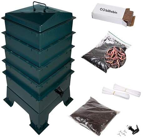 Billiebin Set starter | Compostiera per vermi a 4 piani con vermi di compostaggio + substrato di avviamento + mattoni di cocco + accessori | Fattoria di vermi – scatola per vermi (verde)