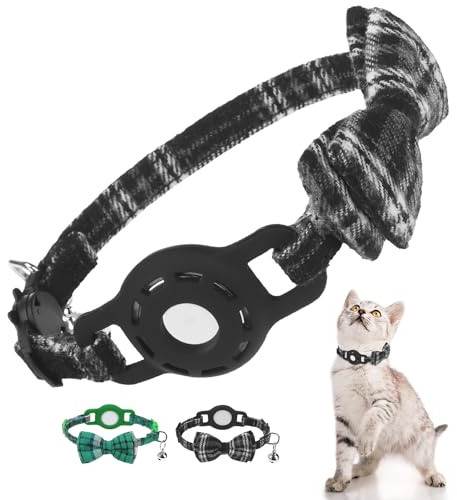 DILLYBUD Katzenhalsband mit AirTag-Halterung – Sicheres Breakaway-Design mit Glöckchen und Fliecke, leichtes verstellbares Karo-Muster-Halsband für kleine Hunde und Katzen