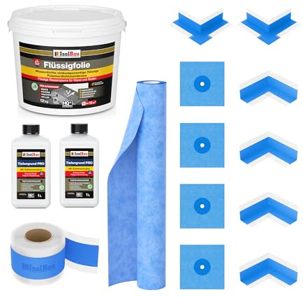 Isolbau Dicht-Set - Inkl. 1x Flüssigfolie (12 kg), 2x Tiefengrund PRO (1 L), 1x Dichtband (20 m), 1x Dichtbahn (2 m), 4x Innenecken, 2x Außenecken & 4x Manschetten