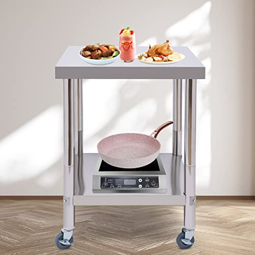 Aohuada 60 * 60 * 85cm Edelstahltisch mit Rollen, Servierwagen mit Rollen, Edelstahl Catering Arbeitstisch, Lebensmittelzubereitung Tisch für Küchen, Hotels, Bäckereien, Restaurants, Silber