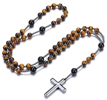 PiercingJak Katholische Rosenkranz Kreuz Kette Herren Damen Halskette mit Hämatit Kreuz Anhänger Edelstein Kristall Schmuck Christlich Religiöse Gebet Kommunion Taufe Geschenke für Männer Frauen