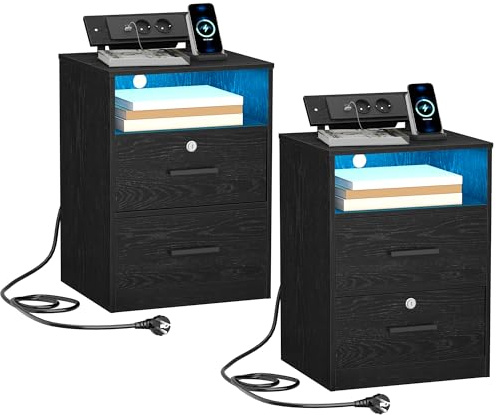 Hzuaneri Table de Chevet avec Multiprise, Table d'Appoint avec Bande LED | Table de Nuit Lot de 2 avec 1 Compartiment Ouvert et 2 Tiroirs, pour Chambre à Coucher, Salon, Moderne, Noir NS36704X