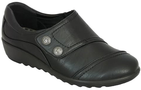Cushion Walk Wide Fitting EEE Fit Black Shoes Women's Ladies Lightweight Faux Leather Slip-on Flats, Casual Work Office Comfort Shoes, with Double Button Detail (8 UK, Black)