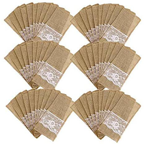Rustikale Bestecktasche für Hochzeit, Jute, Leinen, Spitze, Messer, Gabelhalter, Tasche für Geschirr, Dekoration, 100 Stück