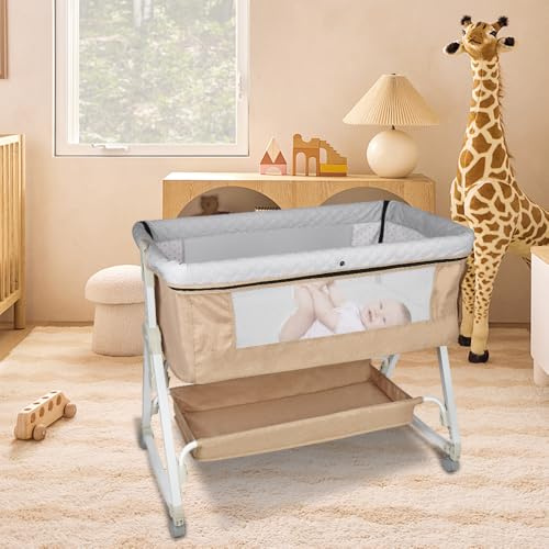 HUOLE Cuna Bebé y Moisés 2 en 1, 0-36 Meses (0-30 kg), Cuna Colecho Bebé Reclinable, 6 Alturas, Colchón Grande, Laterales de Malla, Lateral Deslizable de Fácil Plegado-92 * 52 * 106-118cm-blanquecino