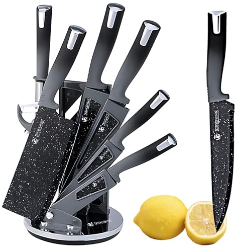 Küchenmesserset, 8PCS Edelstahl Messerblock Set mit 360 Grad drehbarem Acrylständer, Ultra scharfes Kochmesserset, professionelles Messerblock Set mit Messern (Graue)