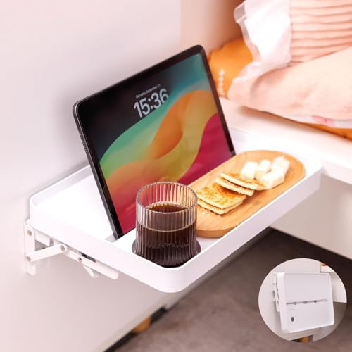 KIWIFOTOS Bedside Shelf,Wall Mounted Drop-Leaf Folding Floating Shelf with Cup Holder, Cable Organizer, Bracket for Small Space Saving, Floating Side Table Suitable for Bedroom,Bathroom,Study Room