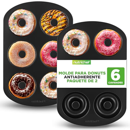 Nutrichef molde donuts, 6 cavidades, Antiadherentes, Faciles de limpiar, Ideal para bagels tambien, Pack de 2