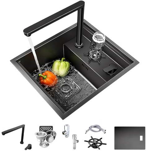 Coubird Évier de cuisine noir de comptoir/sous-comptoir invisible, convient pour bar, camping-car, cuisine intégrée, robinet pliable, petit évier de camping en acier inoxydable à cuve unique (Noir/C
