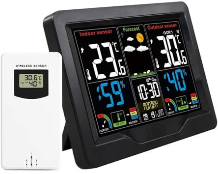 SdaryWare Estación meteorológica, Reloj Despertador Digital, barómetro, Sensor Exterior, medición de Temperatura y Humedad, pronóstico del Tiempo, función de repetición.