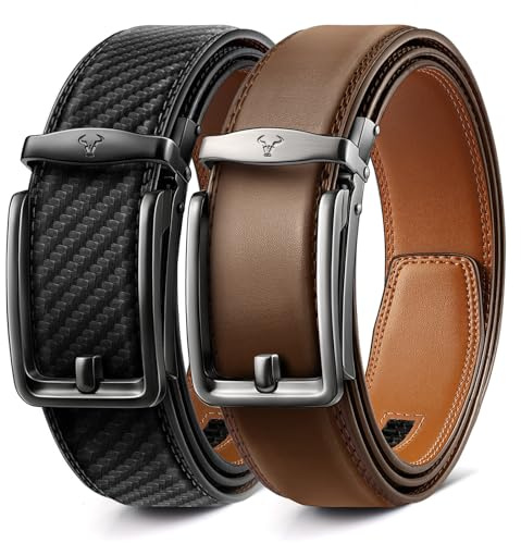 BULLIANT Cinturones Hombre 2 Piezas, Cinturón Hombre Cuero Hebilla Trinquete Automática,35MM Tamaño Ajustable para Pantalones Traje Vestir(Negro/Tawny,115cm/32-38 Cintura ajuste)
