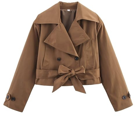 Xunger Women's Stylish Short Trench Coat Bow Belt Casual Long Sleeve Jacket Lightweight Spring Fall Windbreaker with Pockets(1037-Brown-S-RD)
