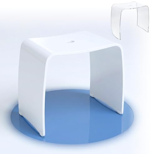 Libaro Badhocker Meran XL – weißer Acrylhocker mit extra großer Sitzfläche – moderner Duschhocker mit Griff und rutschsicheren Gummifüßen – Stabiler Sitzhocker für Bad, Flur