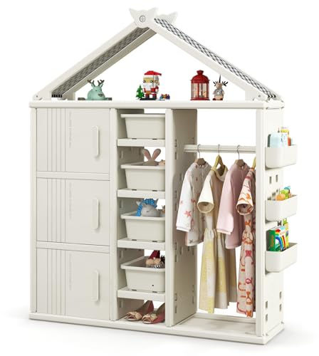 COSTWAY Kinderregal in Hausform mit Kleiderstange, Bücherregal Kinder, Spielzeugregal mit Regalen, Seitenkörben & 4 Aufbewahrungsboxen, Spielzeug Organizer Spielzeugschrank für Kinderzimmer (Weiß)