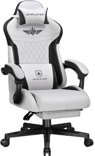 GTPLAYER Gaming Stuhl, Ergonomischer Gamer Stuhl aus Stoff mit Lendenwirbelstütze, PC-Stuhl mit verbreiterter Rückenlehne, Belastbar bis 150 kg, Grau