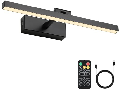 Joosenhouse Battery Operated Picture Light, Rechargeable Wireless Gallery Light with Remote Control, Dimmable & Timer Function, 15.35 Black Wall Lights for Artwork
