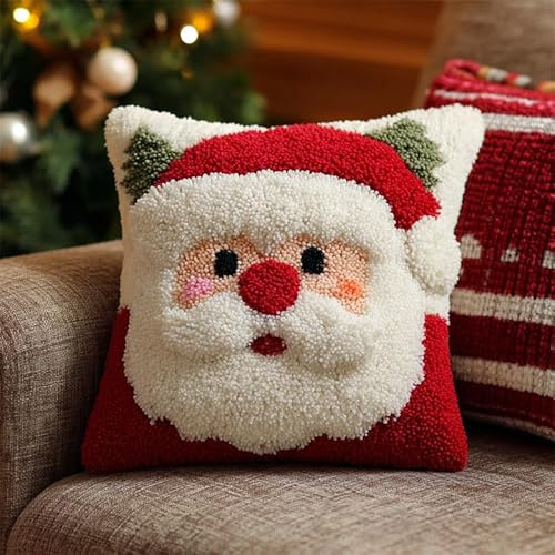 AxiangziK Weihnachten Knüpfkissen Zum Selber Knüpfen,Süßer Weihnachtsmann,DIY Kissen Hülle Knüpfset,Kissenbezug Knüpfen Set Kreuzstich für Kinder Erwachsene,17x17in