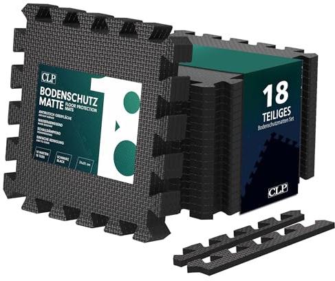 CLP Bodenschutzmatte Fitness 30x30 cm groß extra dick Set Puzzlematte, rutschfeste Schutzmatten für Pool, Fitnessraum und Boden, Schwarz, 18er-Set