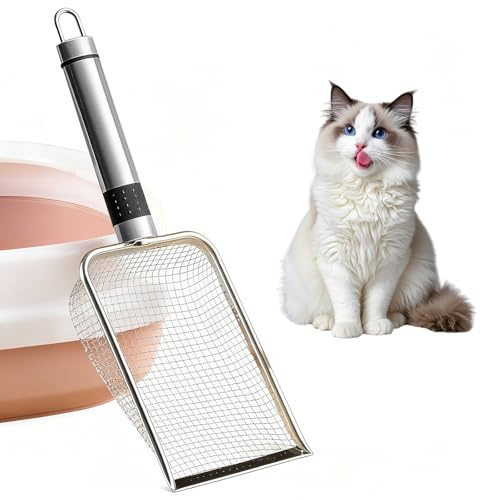 Nokwocy Paletta per lettiera per Gatti, Paletta per lettiera con Manico in Legno, Paletta per lettiera in Metallo a 4mm di porosità, Paletta per lettiera per Gatti (StainlessSteel)