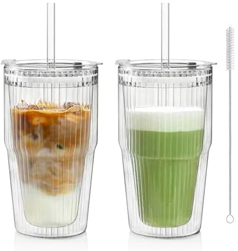 KEMORELA 16oz Ribbed Glass tumbler with Lids and Straws 2pcs,Double Wall Iced Coffee Cups with Lids,Coffee Bar Accessories, Insulated Borosilicate Glass Tumblers, To Go Coffee Cups, Spill proof