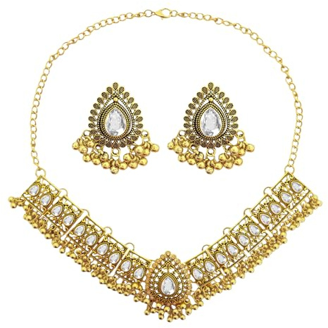 VLYX Set di Gioielli Tradizionali Indiani per Donna, Collana e Orecchini Jhumka per Outfit da Cerimonia (Bianco)