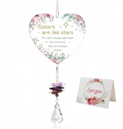 Sister Gifts, Heart-Shaped Crystal Suncatcher With Message Card and Gift box, Bauble Ornaments, Special Personalised Best Presents For Birthday, Christmas Xmas, From Sister or Brother