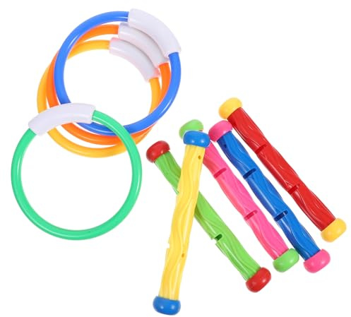 CORHAD Juguetes de Piscina para 4-12 Años, Set de 9 Piezas de Buceo 4 Anillos y 5 Palos de Plástico Seguro, Liviano y Fácil de Almacenar para Juegos Acuáticos de Verano en Piscina