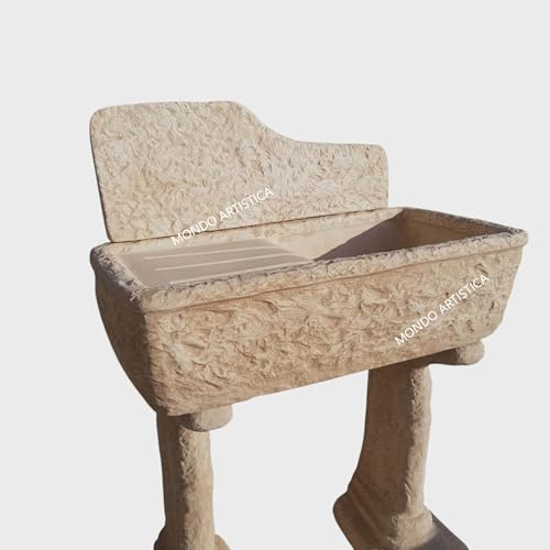 Lavandino, Lavabo, Pilozzo con basi, Vasca Unica, Fontana Da Esterno, Per Giardino Altezza 113 cm, Larghezza 80x40 Cm, In Cemento Bianco E Polvere Di Marmo