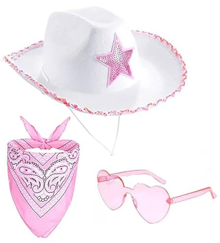 Cowboyhut Damen Pink Cowboy Hut Set Western Filzhut mit Federtrimm Herz Brille und Rosa Bandana Accessoires Westen Cowgirl Kostüm Pinker Cowboyhut für Damen Cosplay Party Karneval